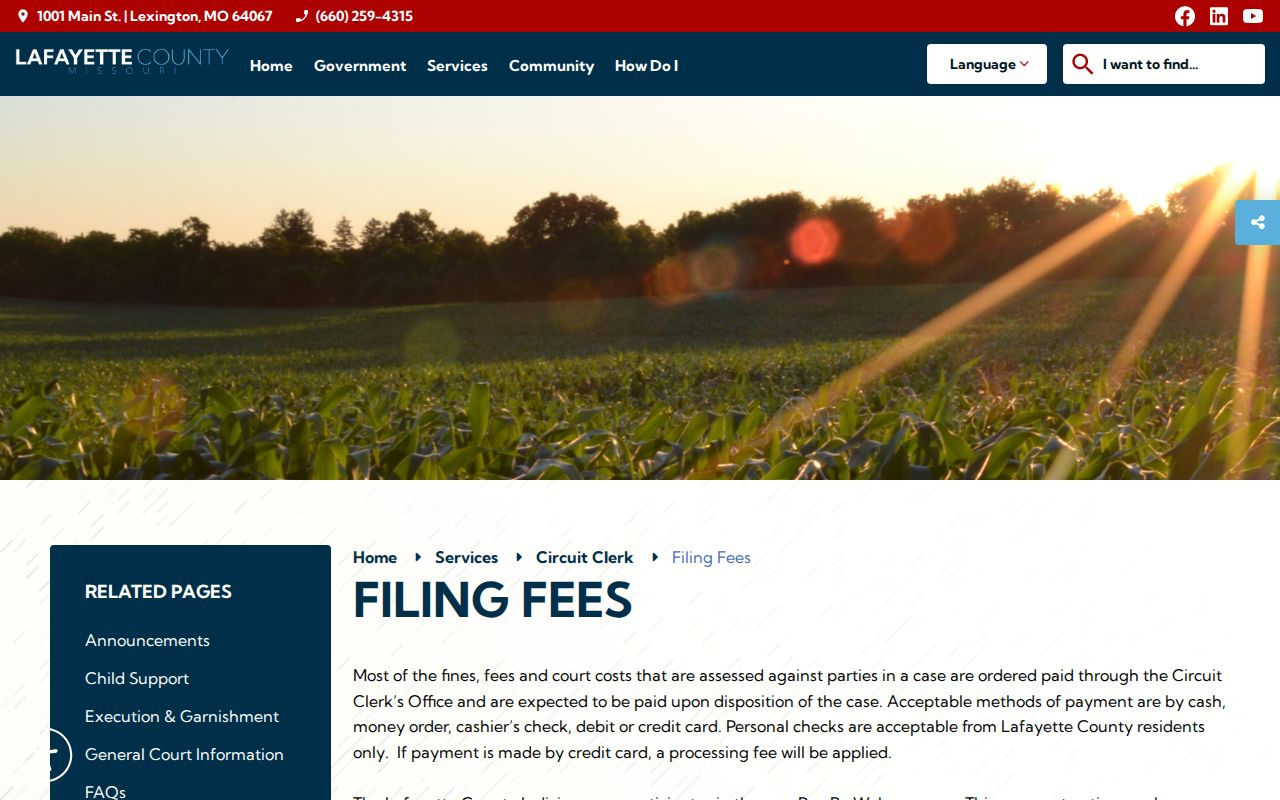 Lafayette County civil docket filing fees and payment information